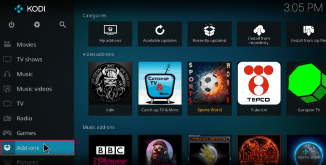 To Install Venom Repository on Kodi, select Add-ons from the main at your left