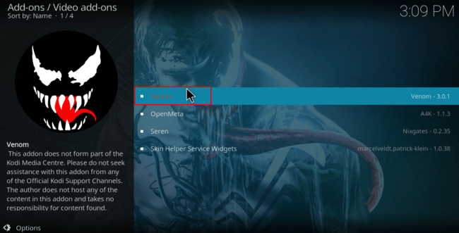 Select video and Venom to proceed with the Install of Venom Kodi Addon