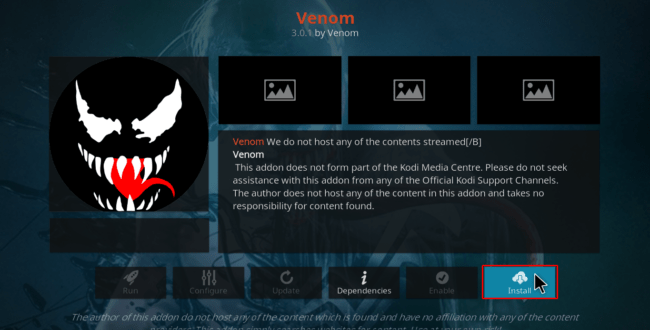Click Install to finally Install Venom Addon on Kodi