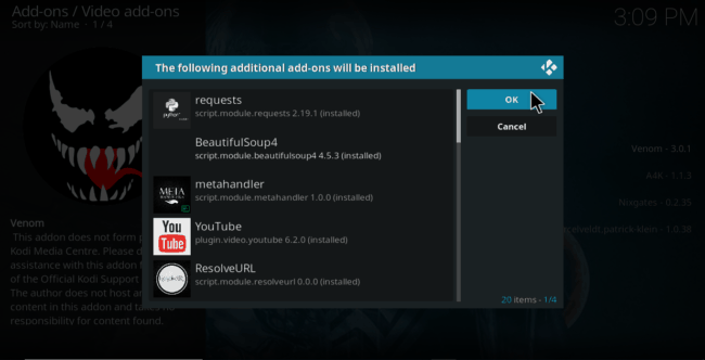 Accept additional Addon to be installed on Kodi if required