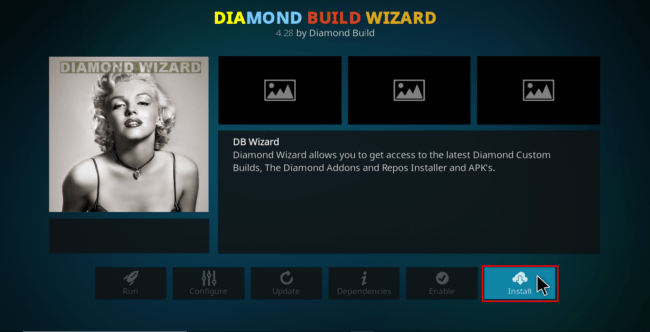 Hit Install button to Install Diamond Build Wizard on Kodi