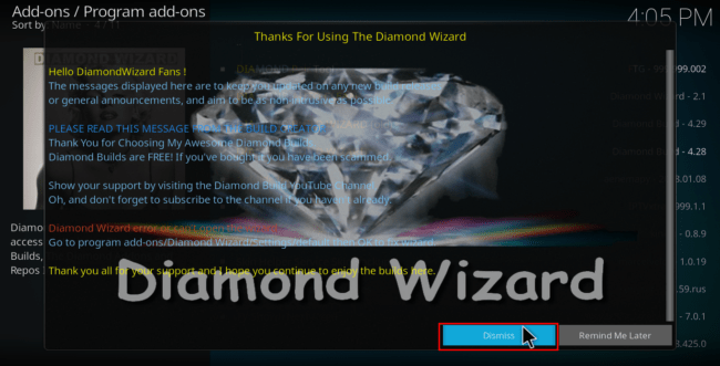Dismiss the arising pop-up while install Diamond Wizard on Kodi