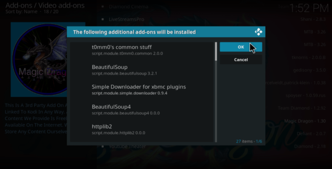 To Install Magic Dragon Kodi Addon you may need to accept aditional addons to be installed 