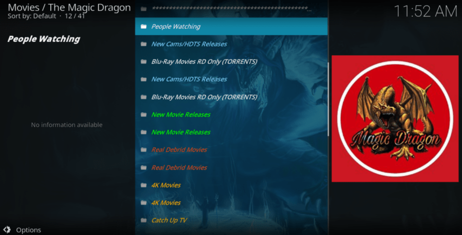 Categories to browse in Magic Dragon Kodi Addon