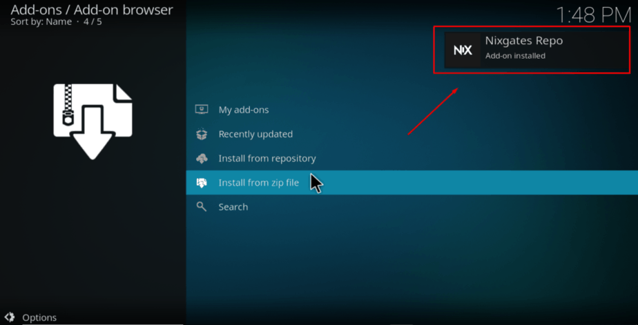 Wait for the Nixgates file successful install notification to appear on Kodi