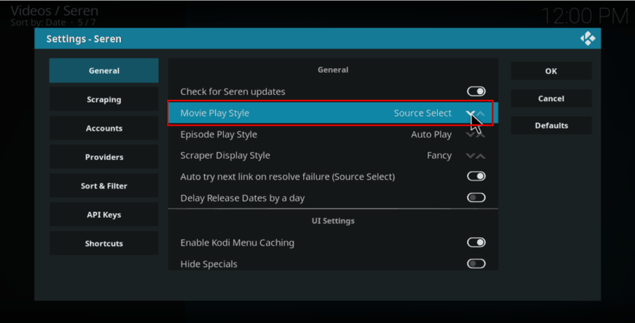 In Seren Kodi Addon Settings, under General, change Movie Play Style to Source
