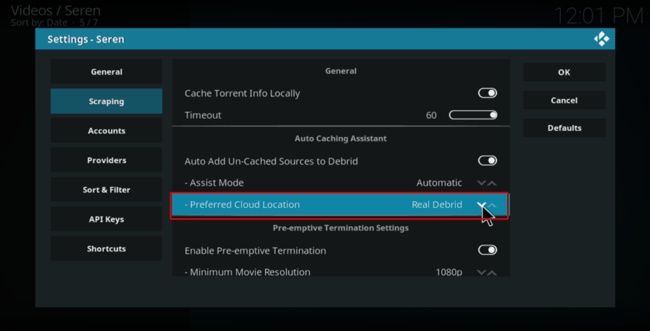 In Seren Kodi Addon, on Settings Under Scraping, change Preferred Cloud Location to the service you are using