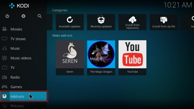 Select addons from the left menu on Kodi