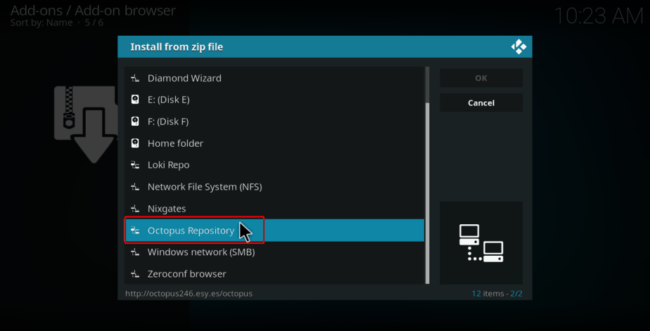 Select the Octopus Repository to install the files on Kodi
