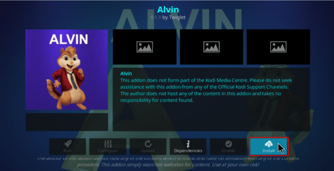 Hit Install to proceed with Alvin Addon Install on Kodi