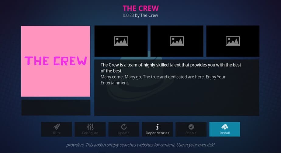 Hit Install to proceed with the The Crew Addon Install process on Kodi