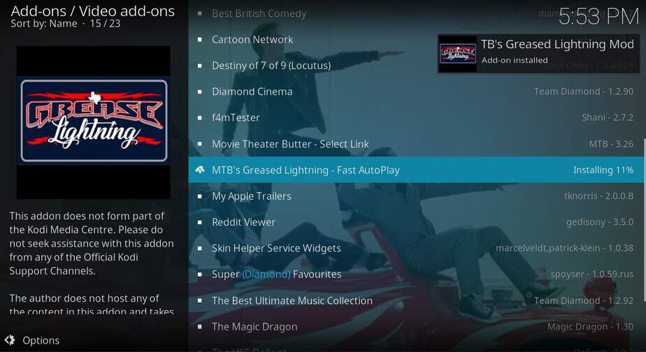 Wait for the message of successful Grease Lightning Install on Kodi