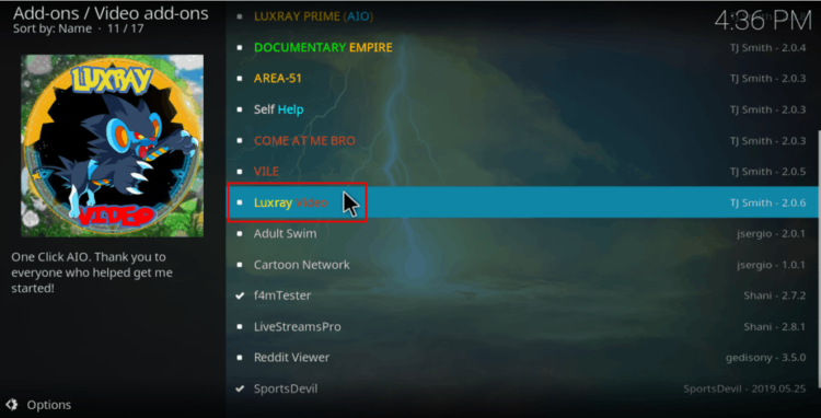 Select Luxray Video to Install the addon on Kodi
