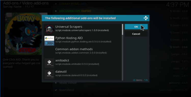 Accept aditional addons to proceed with the install of Luxray Video Addon on Kodi