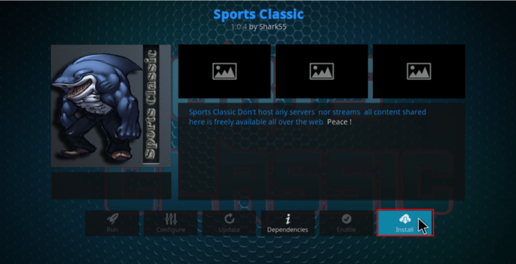 Click Install to proceed with the Sports Classic Kodi Addon