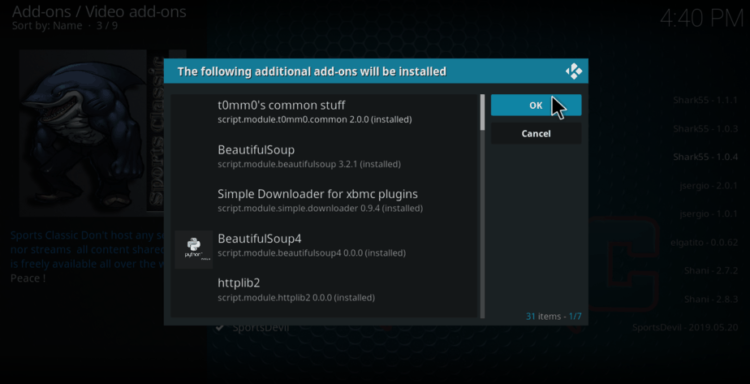 Accept the dependencies to install when installing Sports Classic Addon on Kodi
