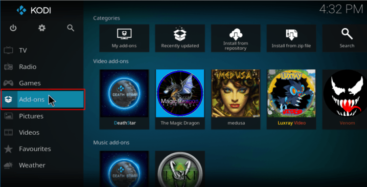 Select Add-ons to proceed with the Luxray repository on Kodi