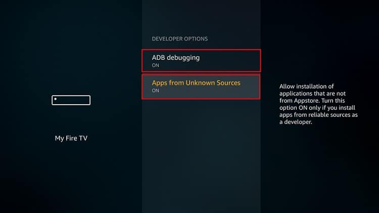 Select Adb debugging and accept Apps from unknown sources to install Mobdro on Firestick