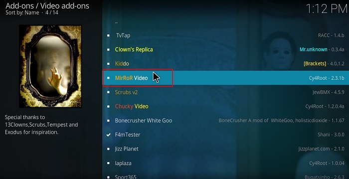 Find and select MirRoR Video Addon to install on Kodi