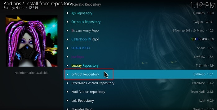 Selec cy4root repository to install the MirRoR Video Kodi Addon