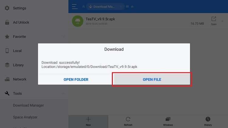Open the TeaTV APK to install the app on Android TV Box