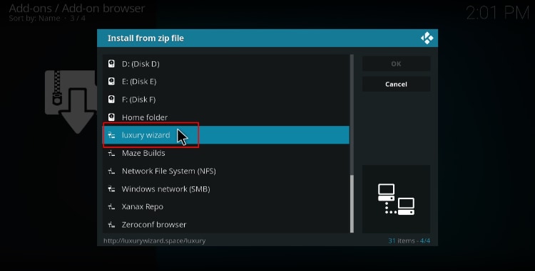 Select Luxury Wizard to install, to be able to install the Blue Magic Kodi Build