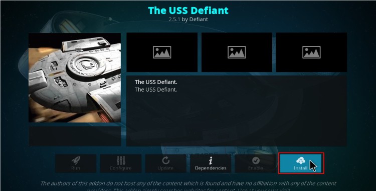 Hit the install button to finish the USS Defiant Kodi Addon Installing