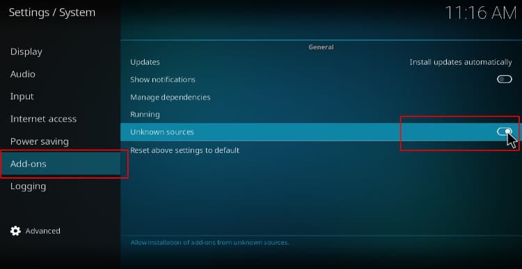 Before install FEN the Addon you need to enable unknown sources on Kodi 
