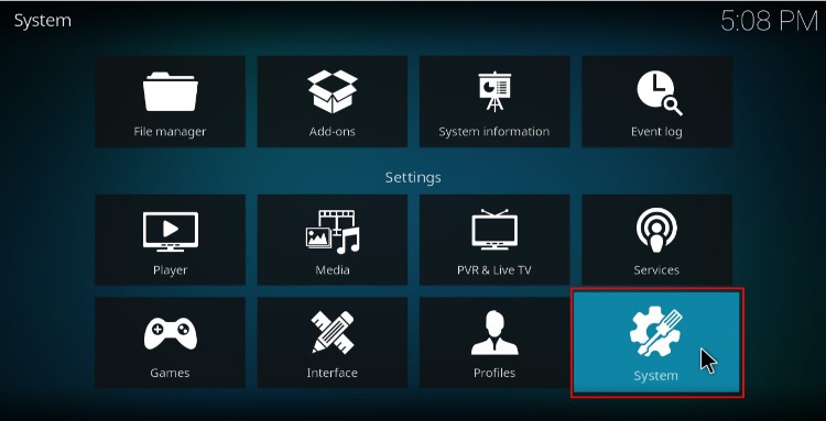 Click System to access the System definitions on Kodi 