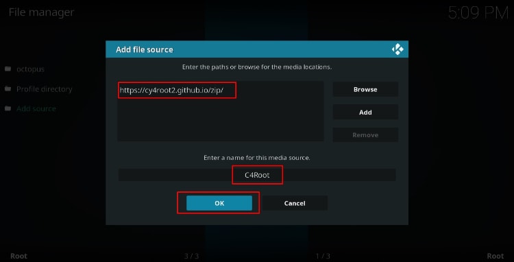 Enter the cy4root repo source url to be able to latter install Clowns Replica Addon on Kodi