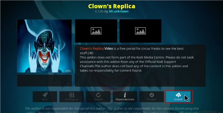 Hit install to install Clowns Replica Kodi Addon