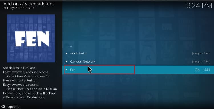Select FEN to proceed with the install on Kodi