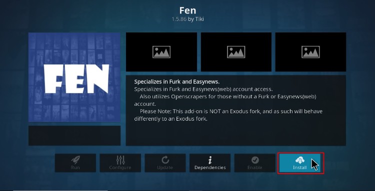 Hit Install button to finish installing FEN Addon process on Kodi