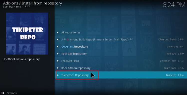 Select the Tikipeter's repository to install FEN Addon on Kodi