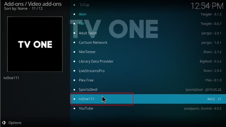 Find and select TVOne 111 Addon to install on Kodi