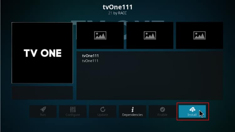 Hit the button Install to proceed with the TVOne 111 Addon installing on Kodi