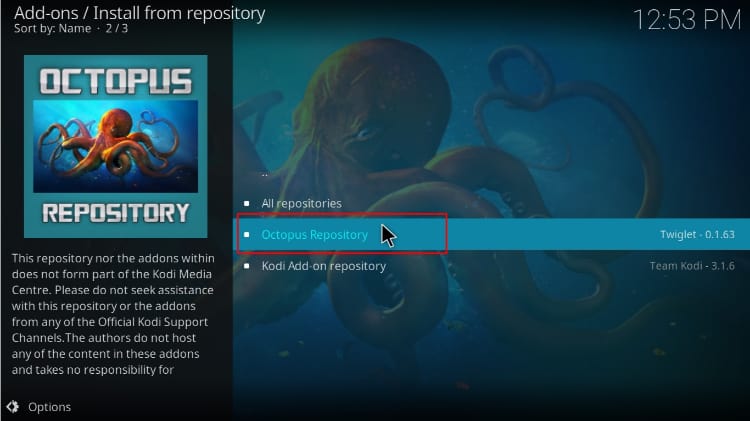 Select the Octopus repository on Kodi