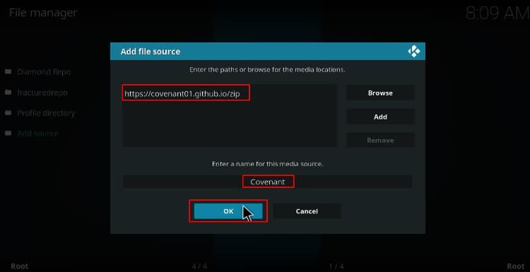 Enter the Covenant url Repo, to be able to latter install the Addon on Kodi