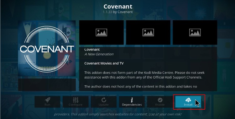 Hit Install to proceed with the Covenant Addon installing on Kodi