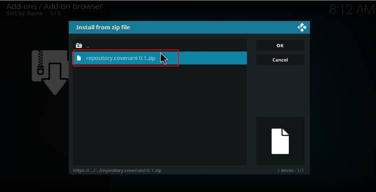 Select the zip file to install the Covenant repository of the addon on Kodi