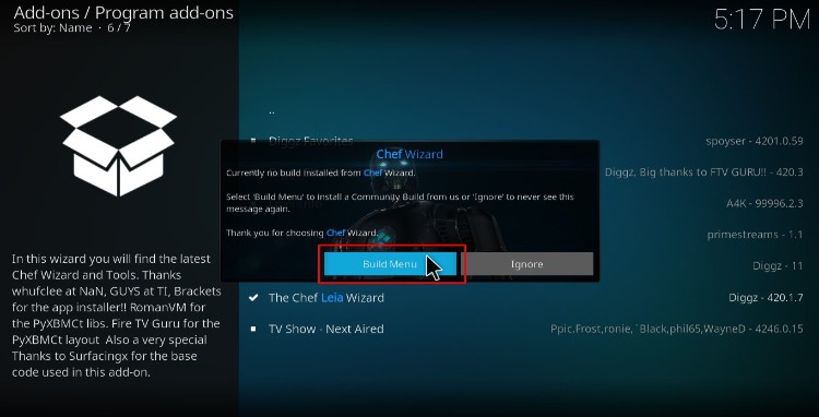 Build menu of Chef Wizard to proceed with the Diggz Xenon Kodi Build install