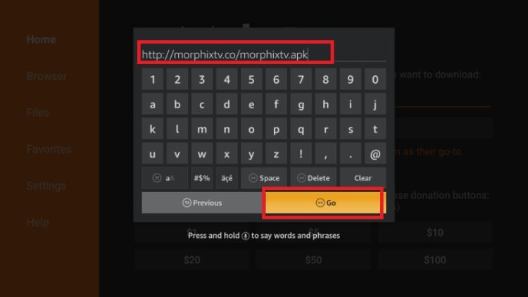 Enter the Morphix TV APK url to download and install the app