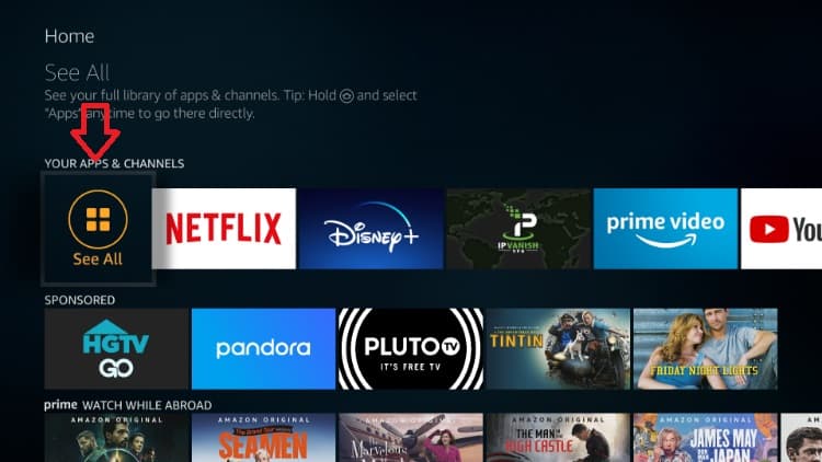 After the install, to run unlockMyTTV click See All on your Firestick home screen