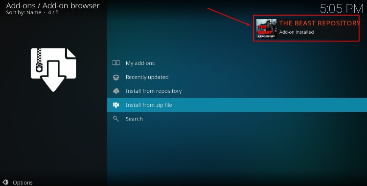 Wait for the successful install message confirmation to pop-up on Kodi