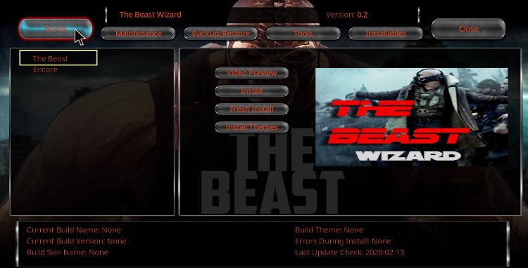 Open The Beast Wizard and hit the Builds button on Kodi