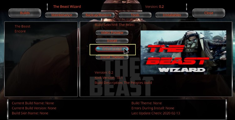 Select The Beast to install on Kodi choosing the preferred configuration option