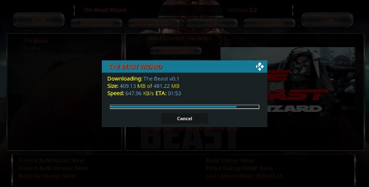 The wizard will clean previous files to install a fresh version of The Beast on your Kodi