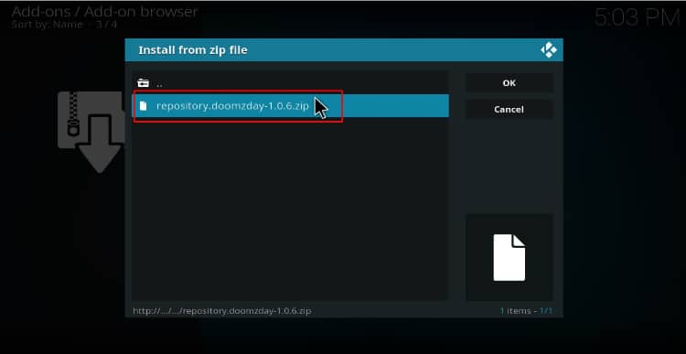 Select the Doomzday repository zip file to install on Kodi
