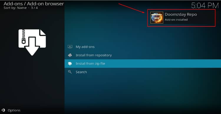 Wait for the successful install message confirmation to pop-up on Kodi