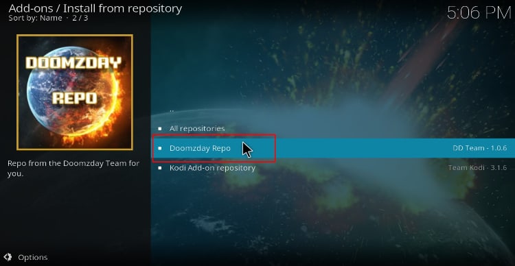 Select the Doomzday Repository on Kodi